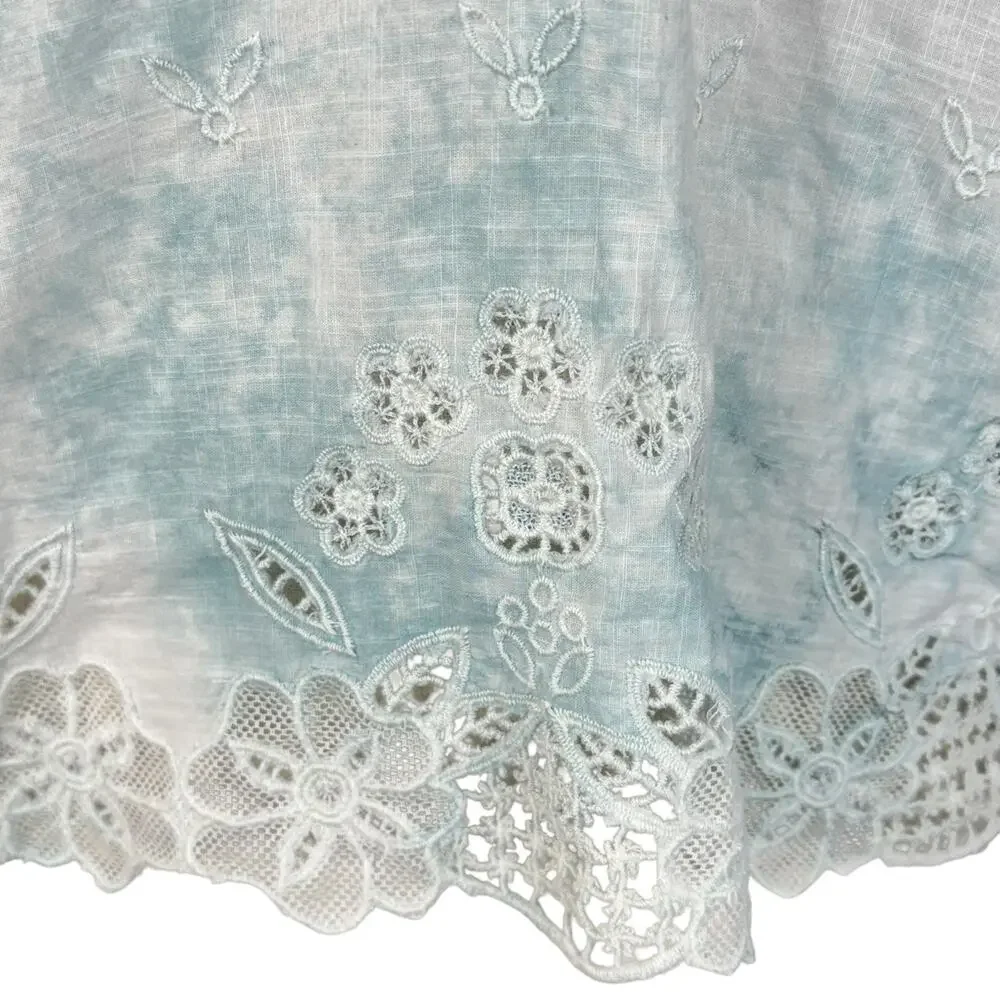 Anthropologie X-Small Top Tie-Dye Floral Embroidered Keyhole V-Neck Eyelet Lace